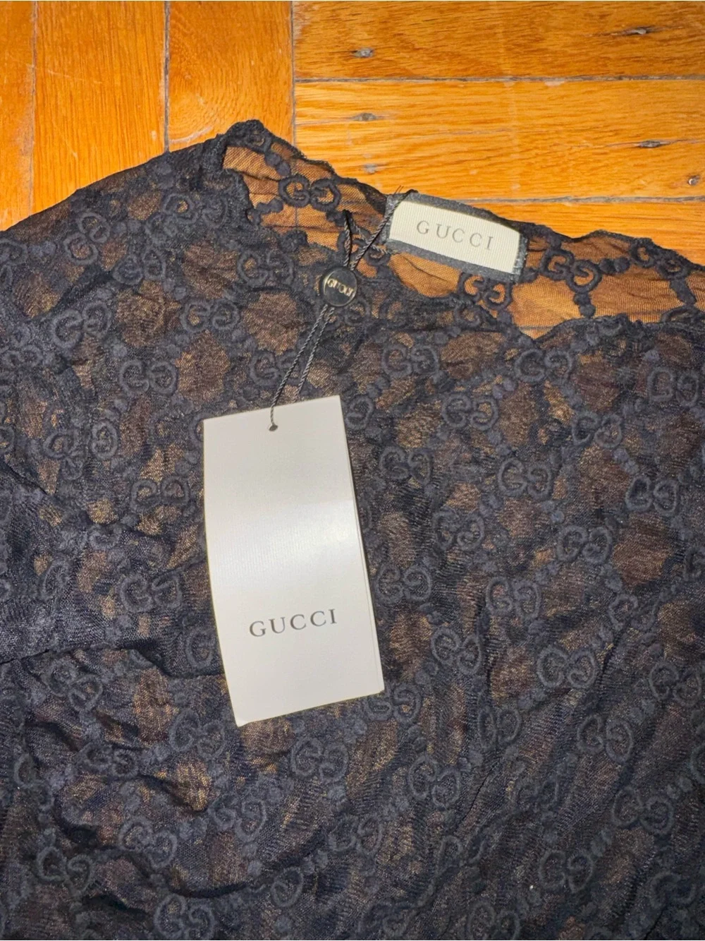 Gucci Black Long-Sleeve Lace Mesh Top - Picture 6 of 12